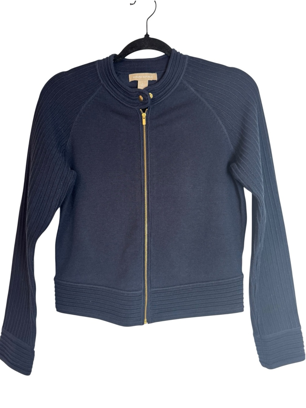 Banana Republic Navy Zip-Front Small Sweater Jacket with Gold Hardware
